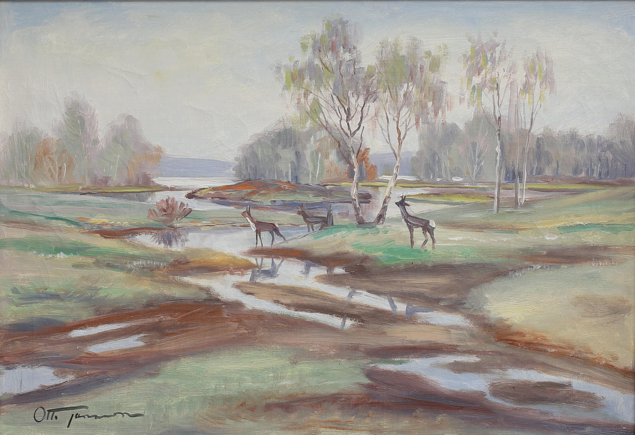 OTTO JANSSON. Rådjur vid vatten. Olja på duk, signerad.