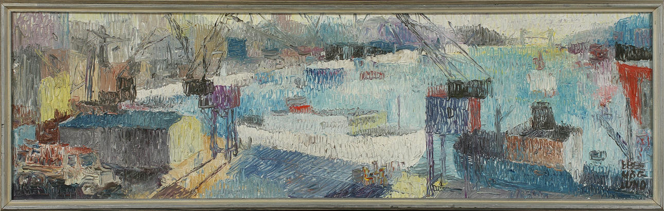 EBBE HÖGLUND. "Hamnen", Göteborg, olja på duk, signerad.