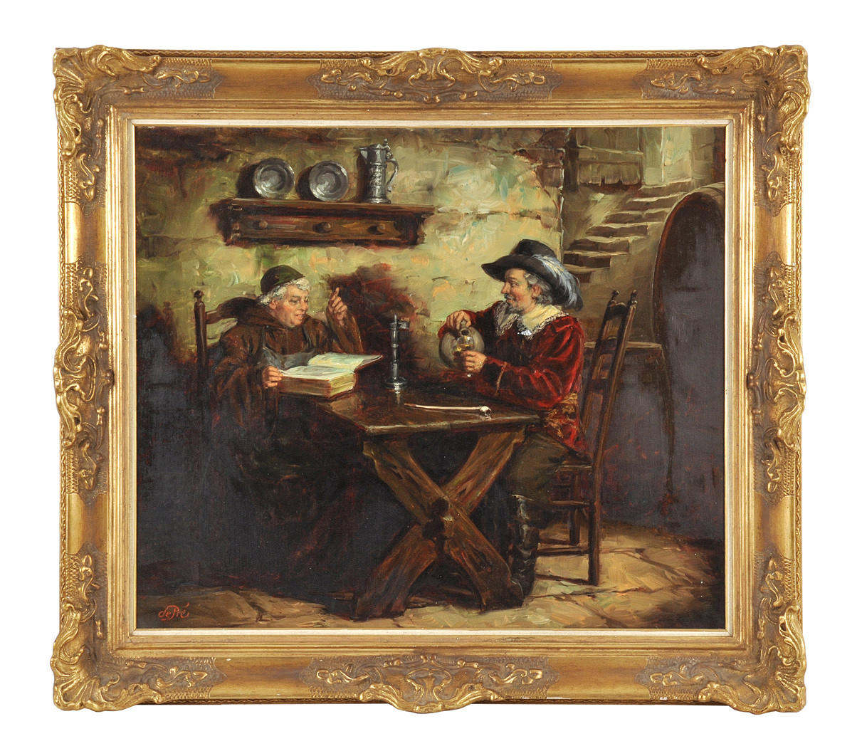 WILLI DEPRE. Genre scen. Munkar och adelsmän i vinkällaren.