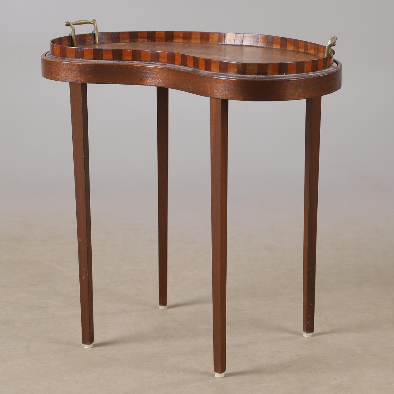 TRAY TABLE, mahogany with intarsia, kidney shaped.