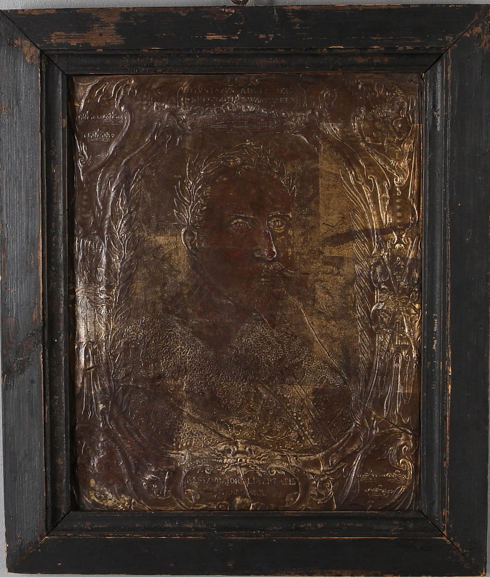 MAARTEN VAN DEN HEUVEL & SERVATIUS KOCK. Porträtt föreställande Gustav II Adolf, gyllenläder, 1600-tal.