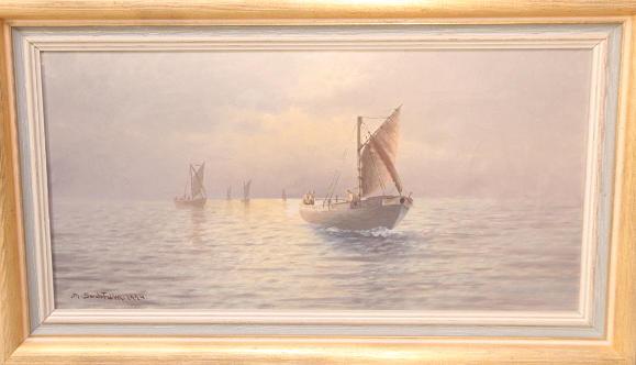 THERESIA SANDSTRÖM. TAVLA, olja duk, signerad Th.Sandström 1924, fiskebåtar.