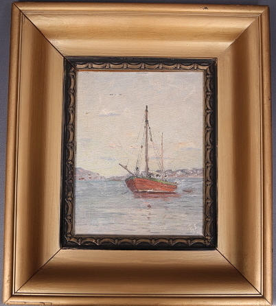 KNUT AXEL LINDMAN. TAVLA, olja pannå, signerad A.L., fiskebåt.