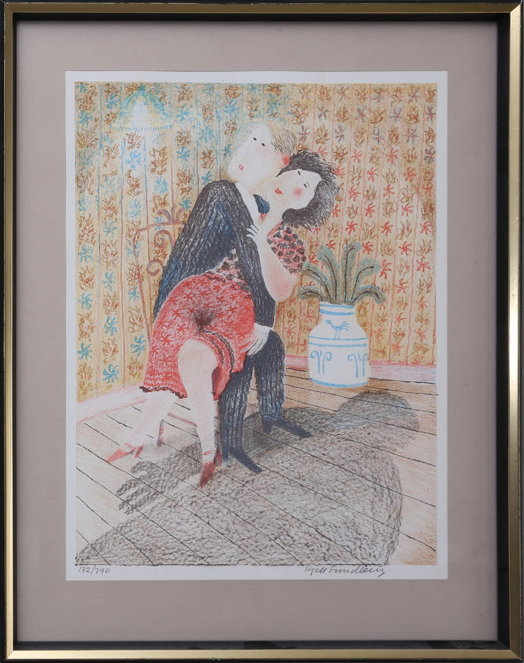 KJELL SUNDBERG. Motiv från Evert Taubes visa om Karl-Alfred och Ellinor, färglitografi, numrerad 132/390, signerad.