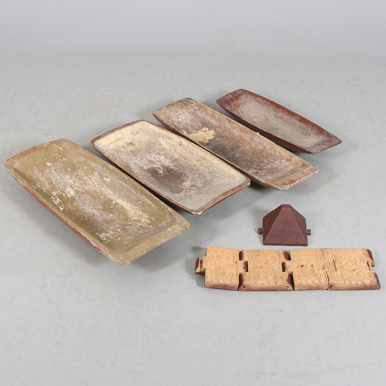 TRÅG och OSTFORM, 5 delar, allmoge. 18/1900-tal.