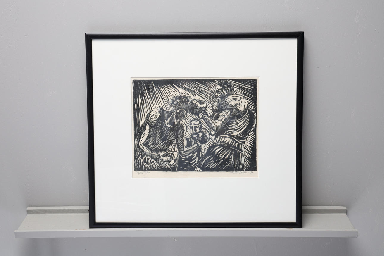 SPONGEBOB SARELLI. Woodcut, “Boxarna”, signed, numbered 3/10.