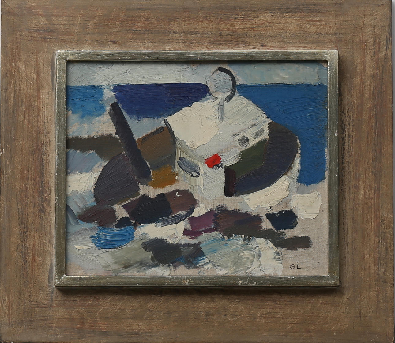 GÖSTA LINDQVIST. Komposition med båt, olja på pannå, signerad G L.