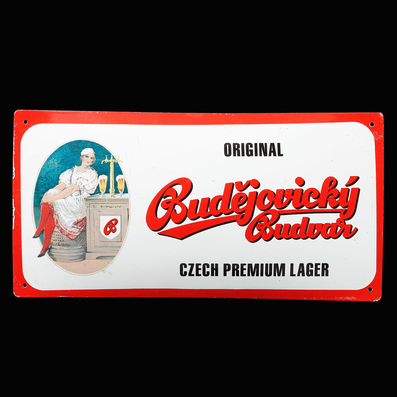 REKLAMSKYLT, plåt, Budejovicky Budvar.