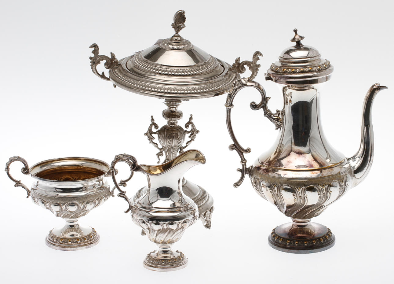 KAFFESERVIS, 3 del, samt strösockerskål, nysilver, 1800/1900 tal.