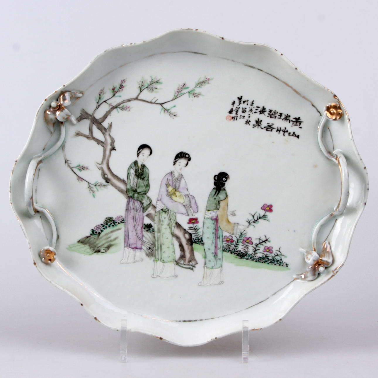 BRICKA, med handtag, porslin, Kina, 1800/1900-tal.