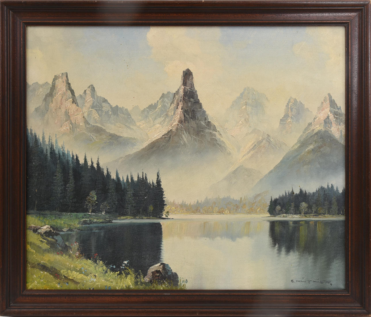 E. HÜTHER. ”Utsikt in i Dolomiterna”, olja på duk, skylt., ej daterad.