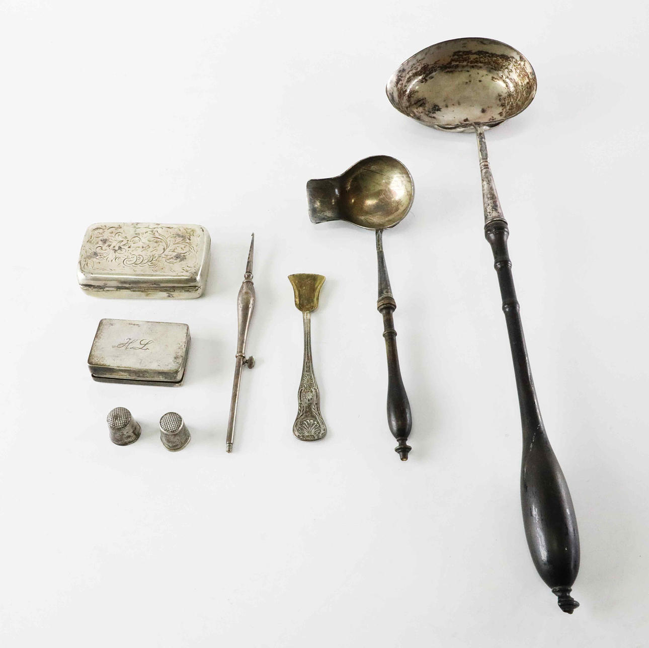 SILVER, ladles, crochet hook, box, box, thimbles, 19th century.