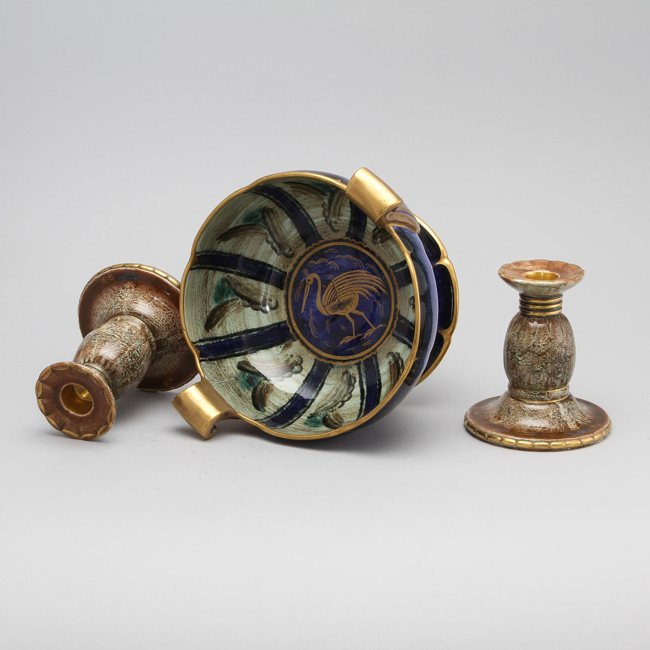 SKÅL SAMT 1 PAR LJUSSTAKAR, keramik, Josef Ekberg, Gustavsberg.