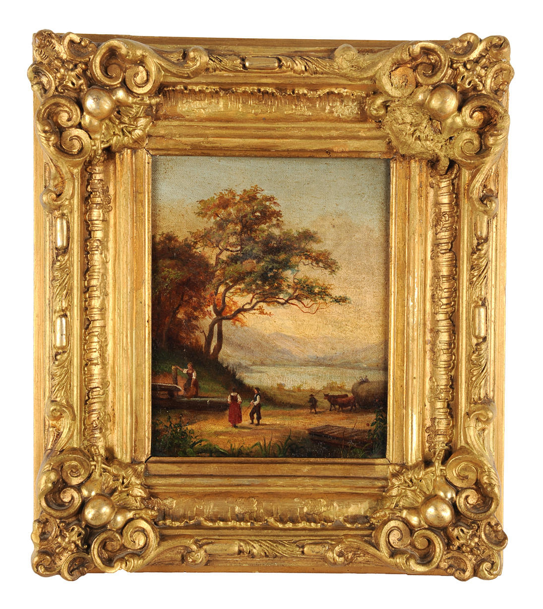 KLEINES ROMANTIKER-GEMÄLDE. Människor med kor på en fjällsjö, troligen alpint landskap.