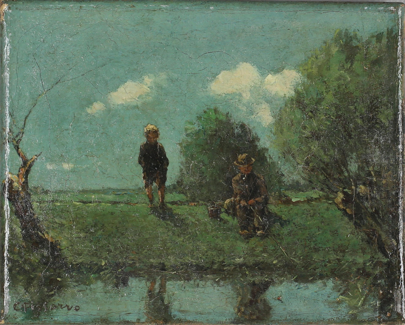 OIDENTIFIERAD KONSTNÄR. Sommarlandskap med fiskande pojkar, olja på duk, signerad C Pissarro, 1800-tal.