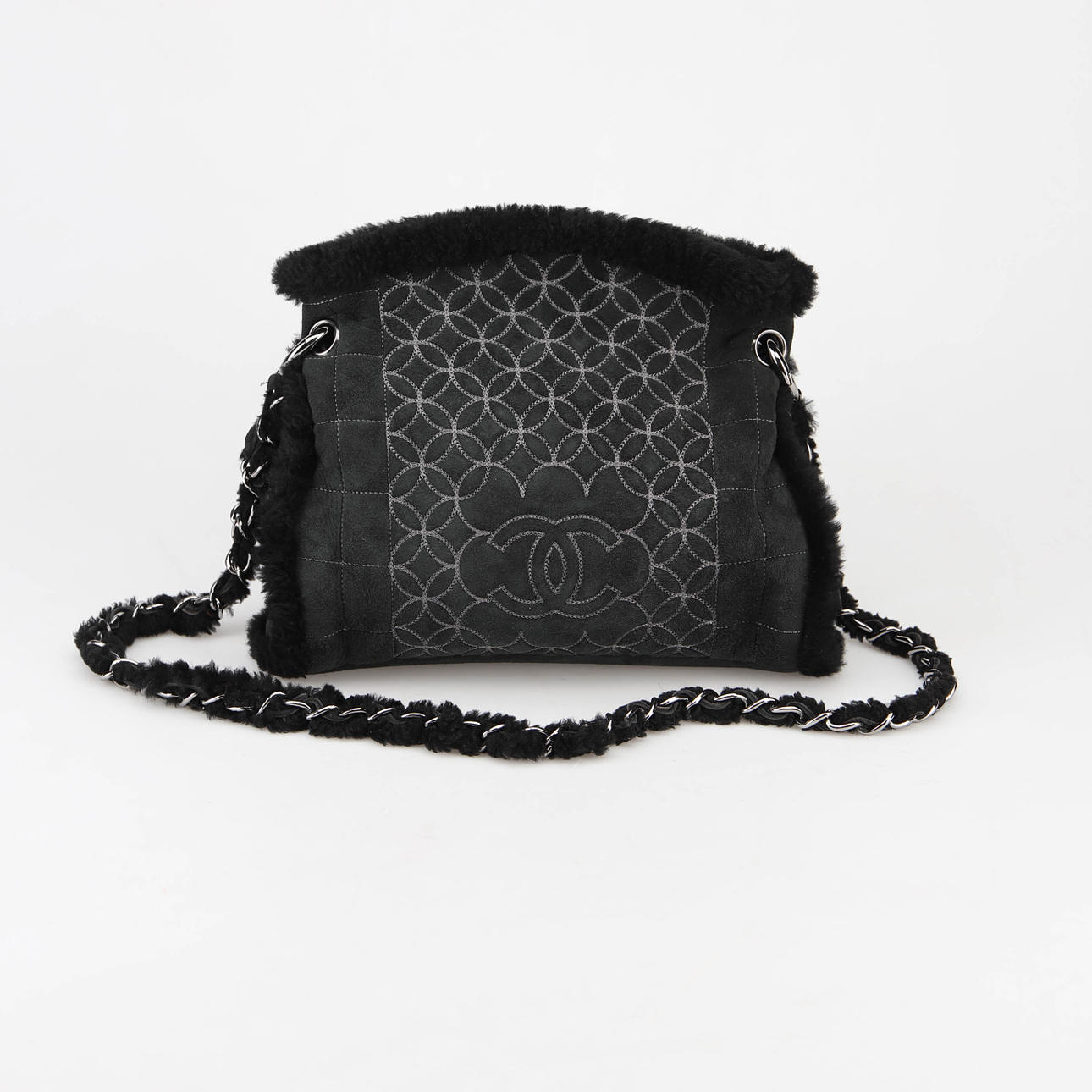 CHANEL Schultertasche, gestepptes Veloursleder/Teddy mit Innentasche.