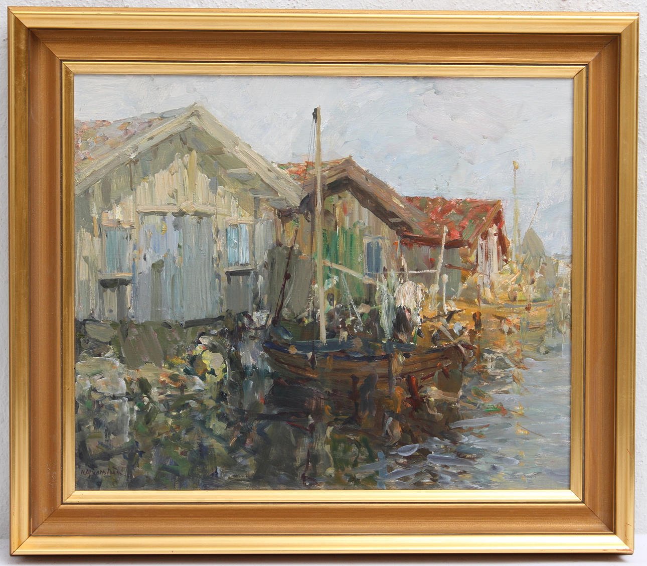 HUGO ÖFVERSTRÖM. Sjöbodar. Olja på pannå, signerad.