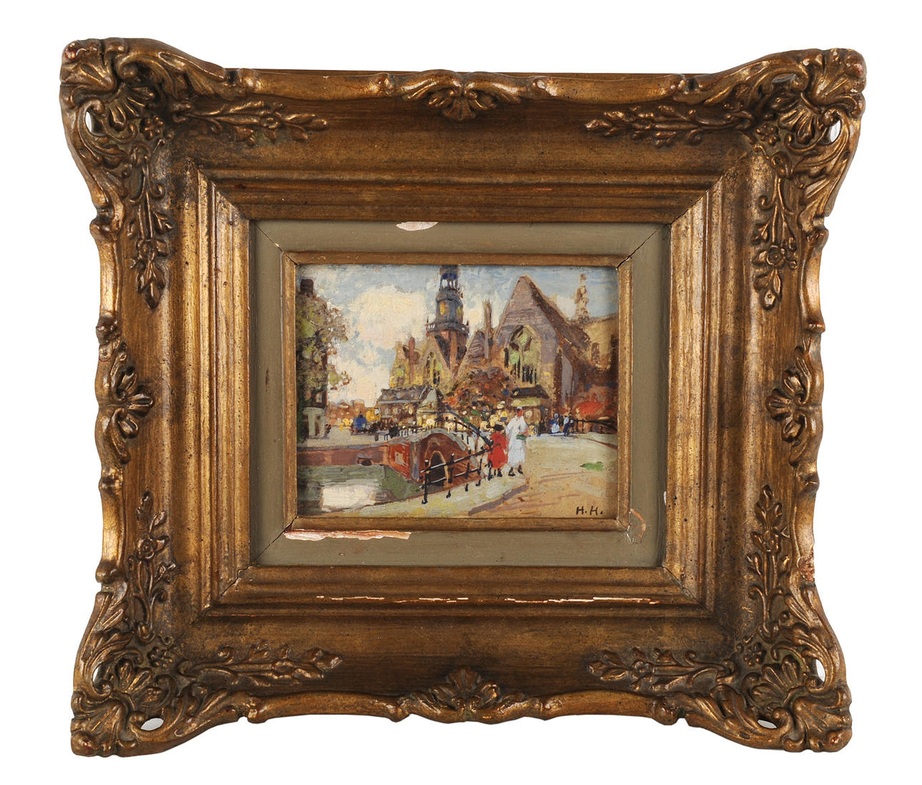 HANS HERRMANN. TILLSKRIVEN. Pointilistisk-impressionistisk sommardag med människor och katedral.