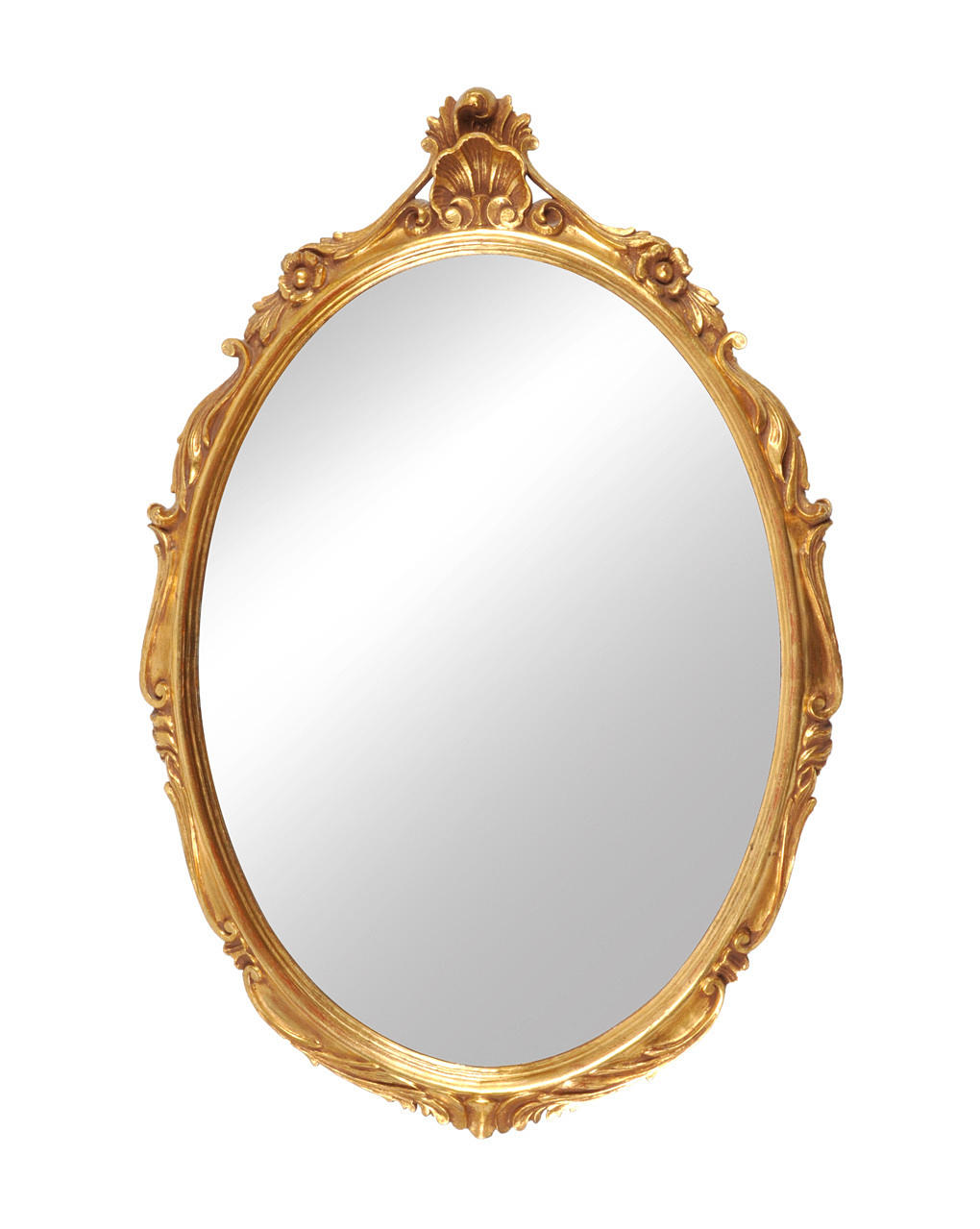 PRUNKSPIEGEL. Oval ram med blommig trim och skalkrona.