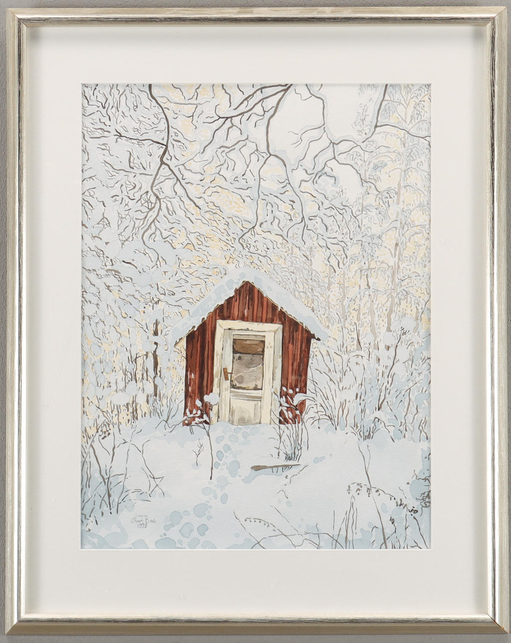 JESSICA STUART-BECK. Vinterlandskap vid bod.
