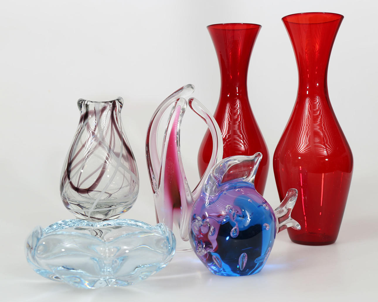 VASER, SKÅL OCH SKULPTUR, glas och kristall, 6 delar, 1900-tal.