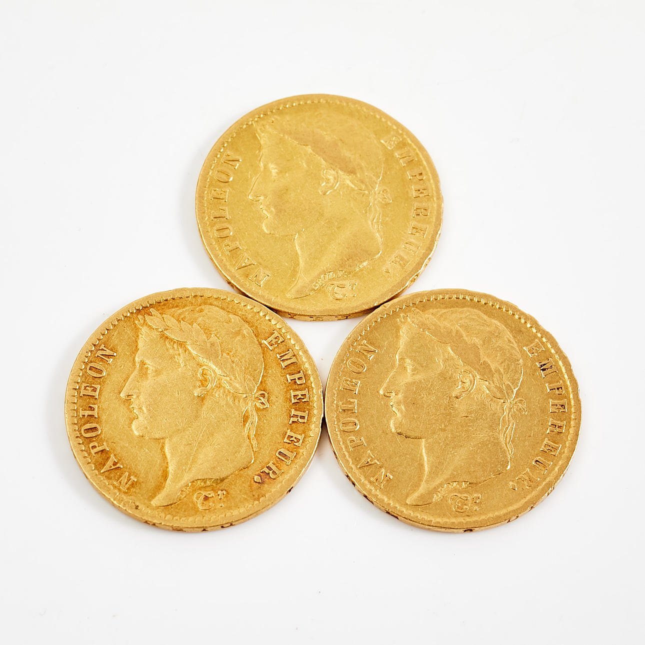 A set of 3 gold coins, 21.6 k, 20 Francs, Napoleon Empereur France 1809,  1810,1813. Coins, Medals & Stamps - Coins & Banknotes - Auctionet