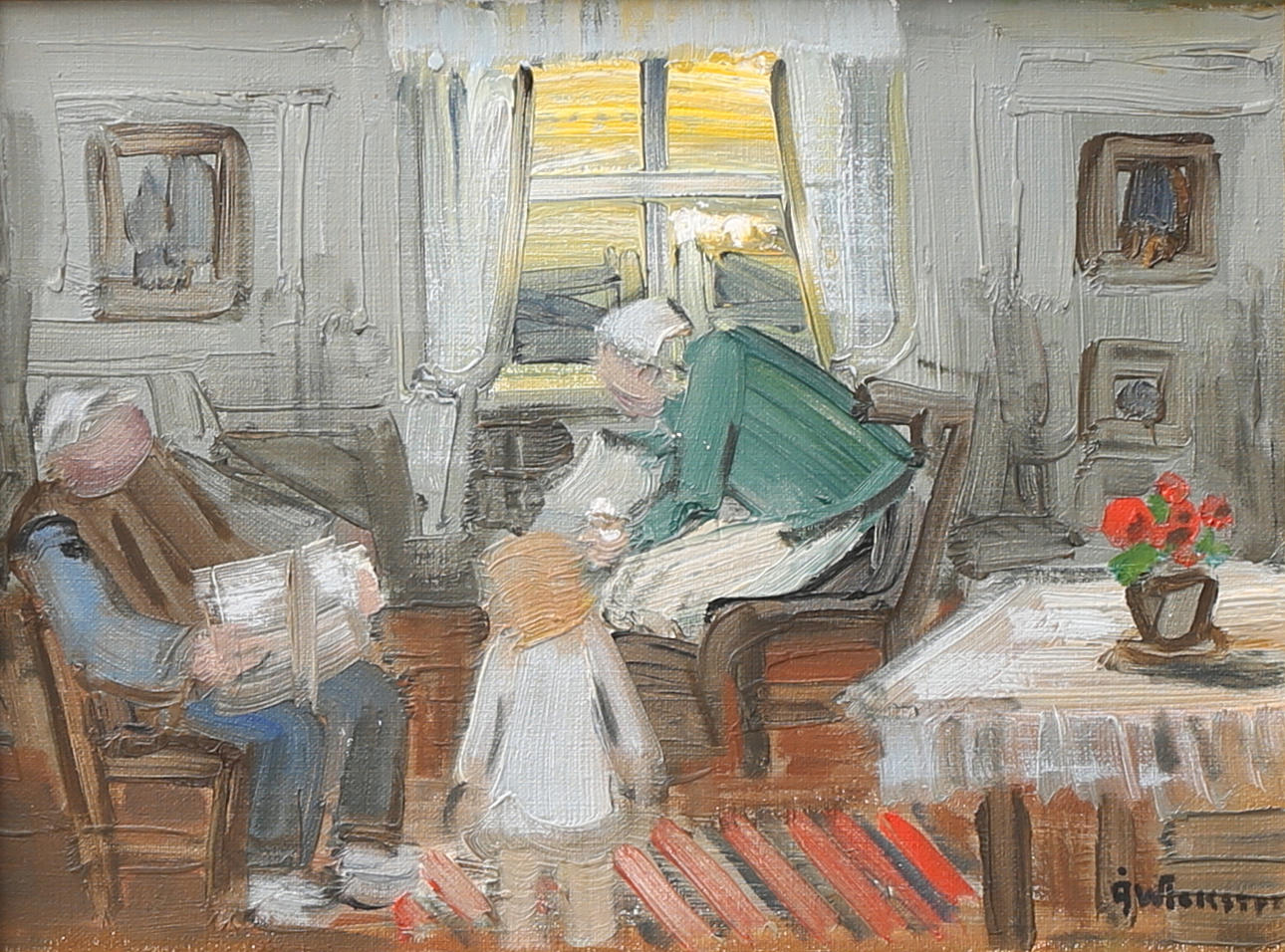 ÅKE WICKSTRÖM. Interiör med figurer. Olja på duk, signerad.