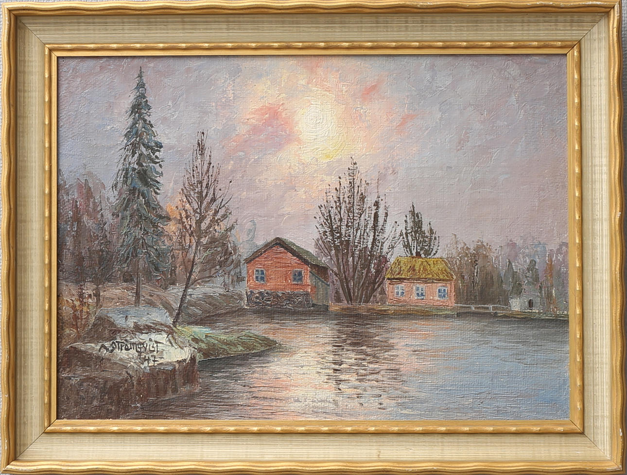 ARVID STRÖMQVIST. Landskap med hus. Olja på pannå, signerad och daterad 47.