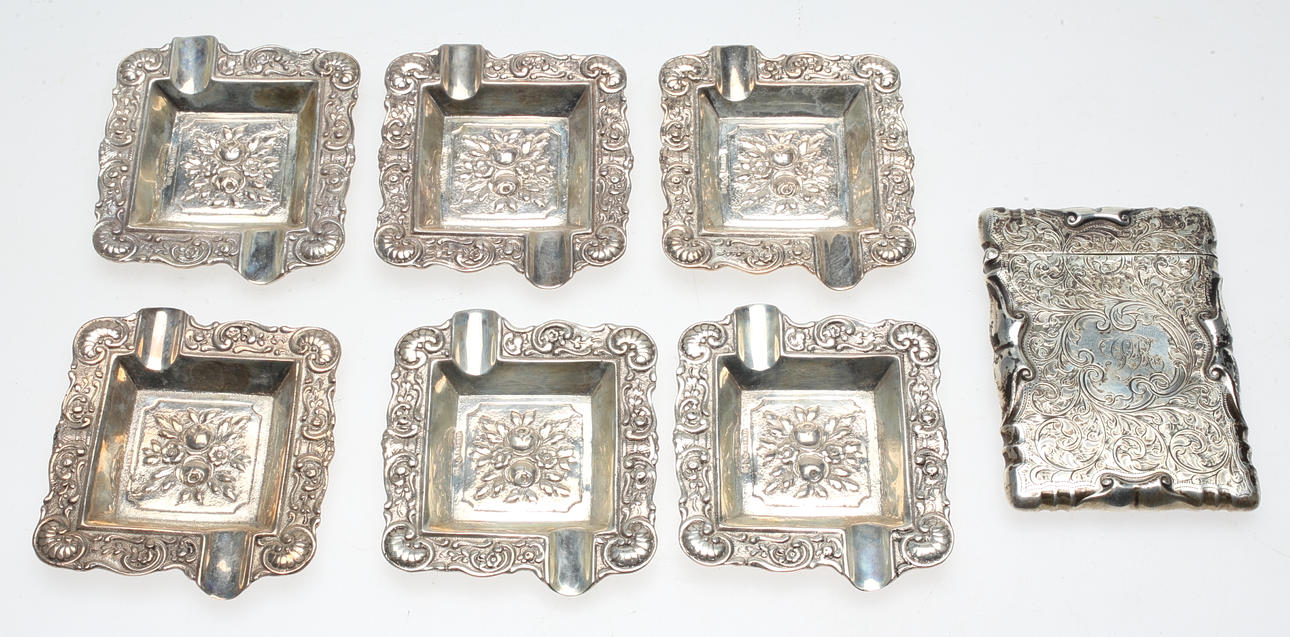 SILVERETUI samt askfat, 7 DELAR, 1900-TAL.