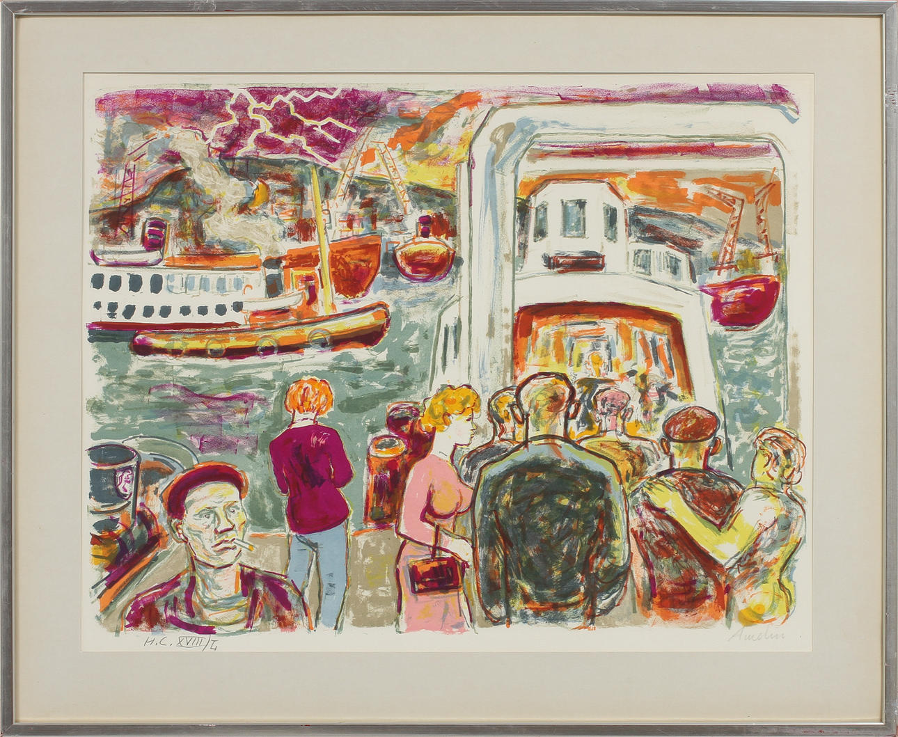 ALBIN AMELIN. "Götaverksfärjan", färglitografi, signerad och numrerad.