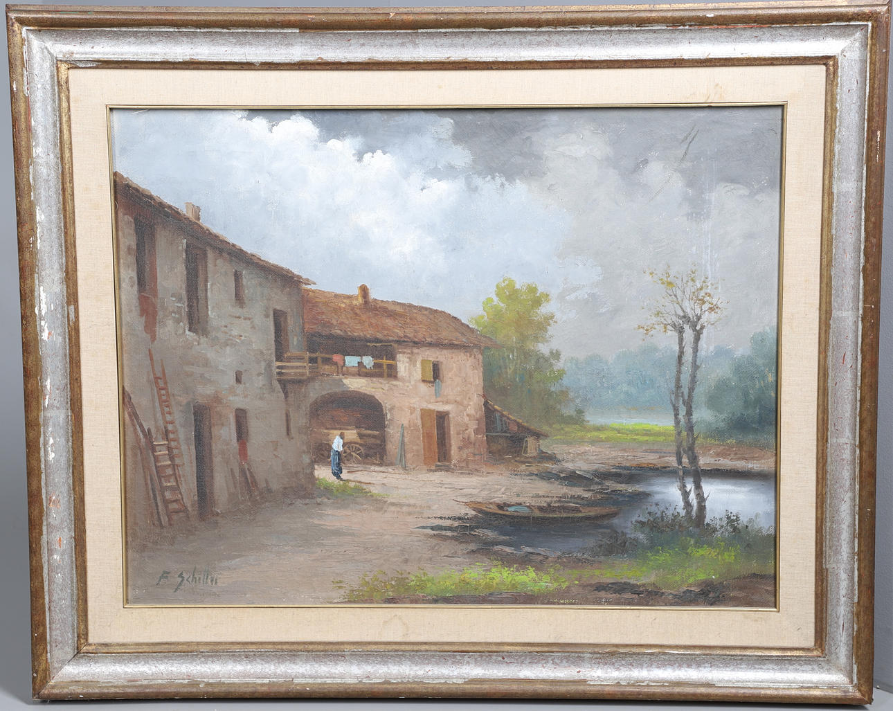 FRANCESCO SCHILLER (B.1923). EDIFICIOS AGRÍCOLAS JUNTO A UN ESTANQUE.