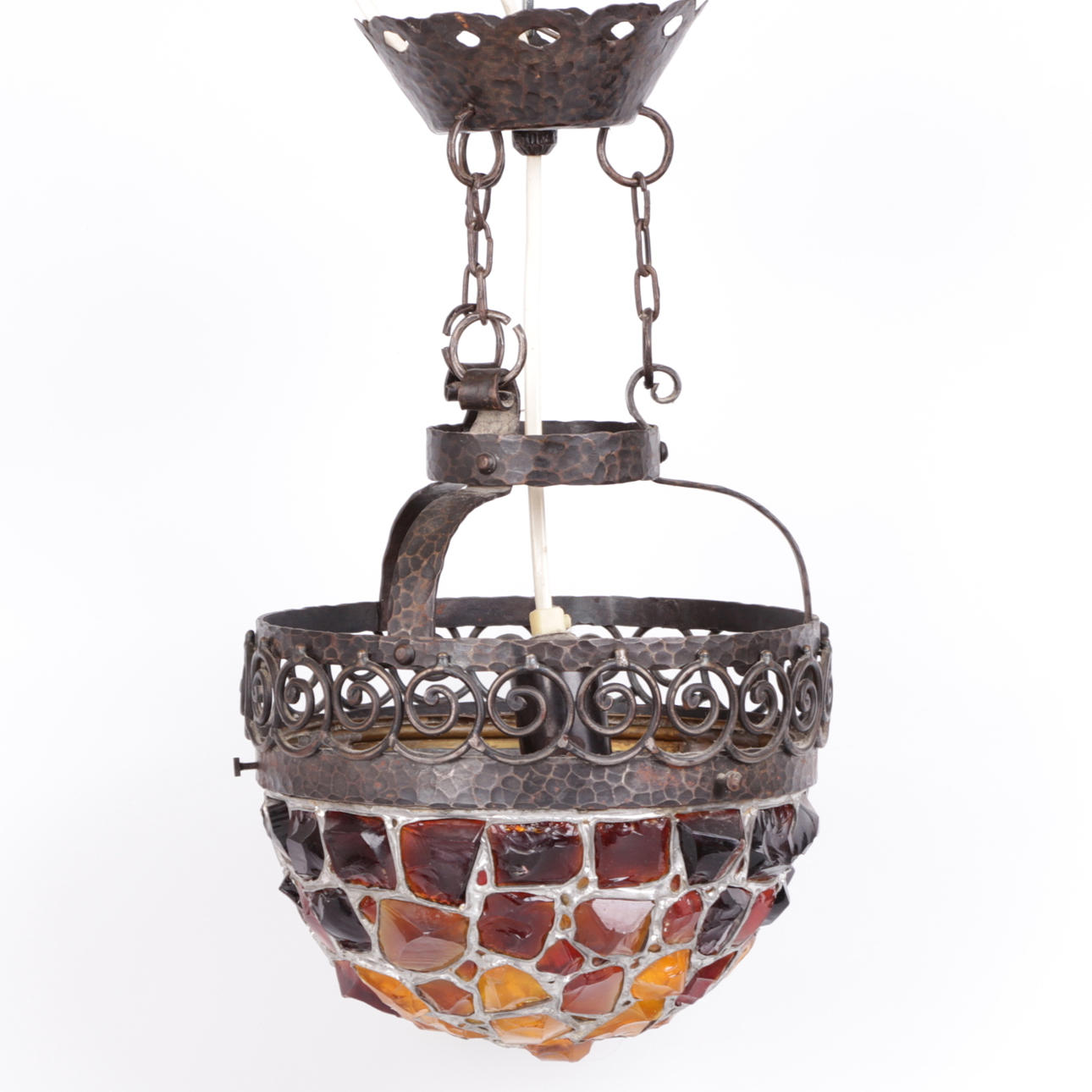 AMPEL, med kupa i koppar samt krossglas, jugend 1900-tal.