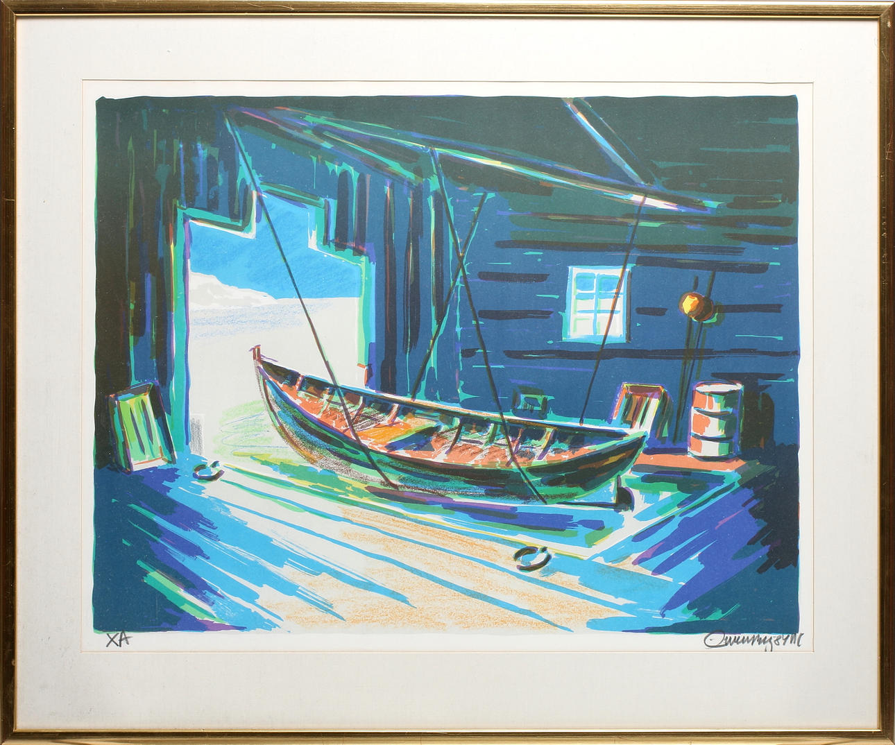 EINAR WENNBERG. Båt i båthus, litografi, signerad och märkt XA.