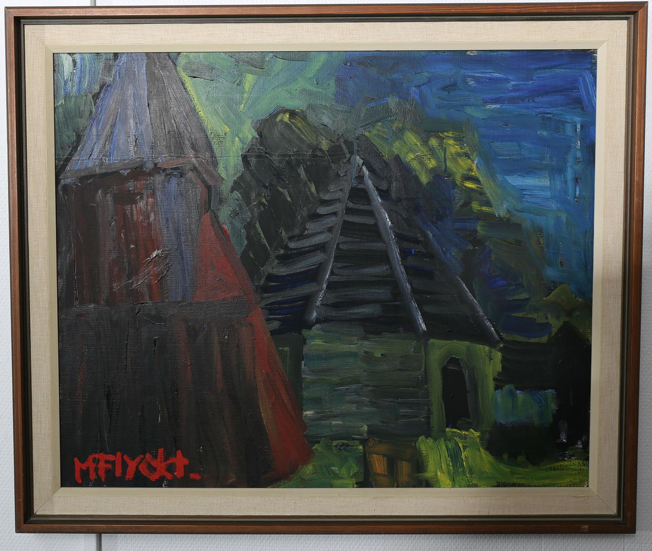 MANFRED FLYCKT. Olja på pannå, "Klockstapel och kyrka", signerad M Flyckt.