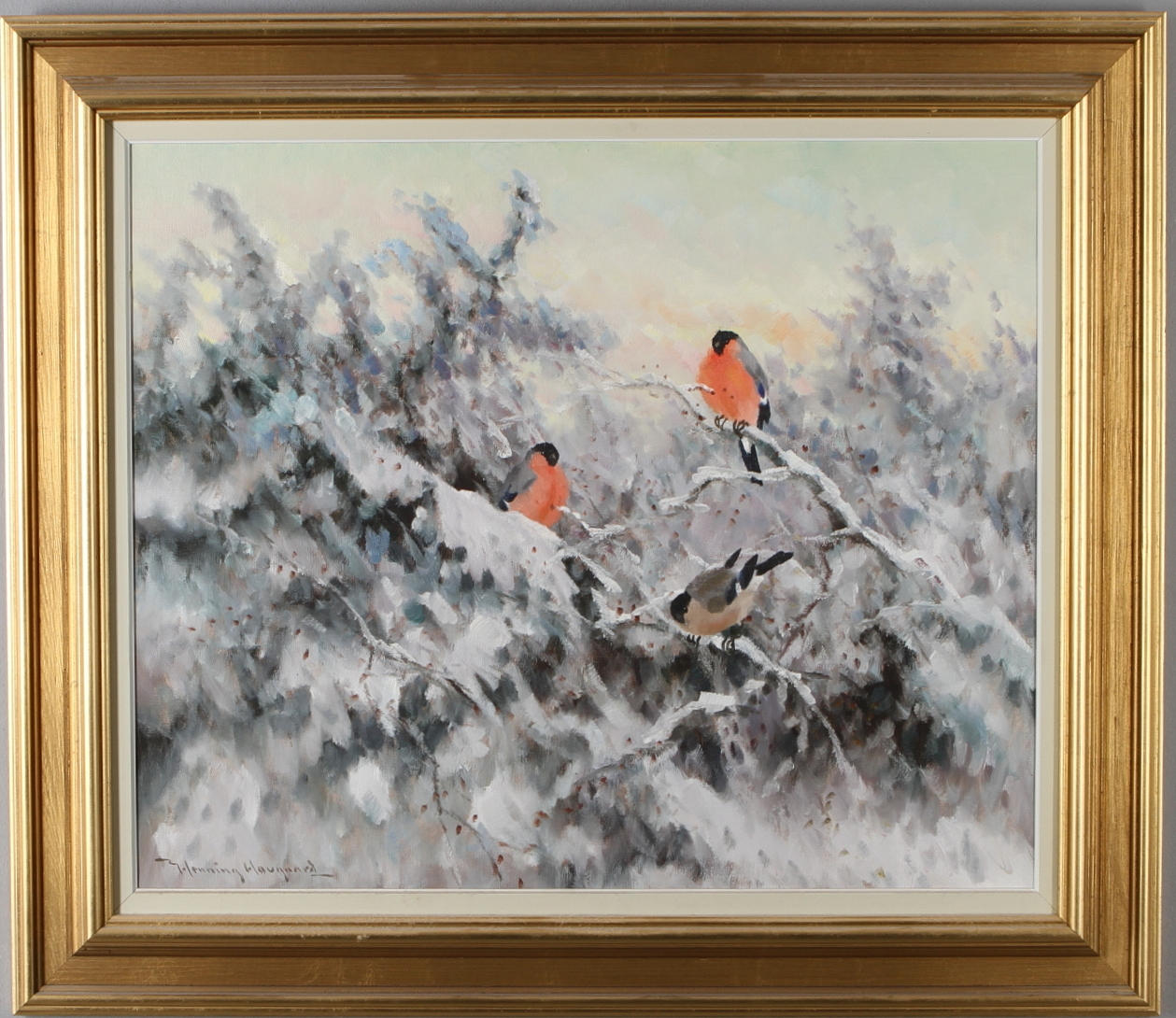 HENNING HOUGAARD. Vintermotiv med fåglar, olja på duk, signerad.