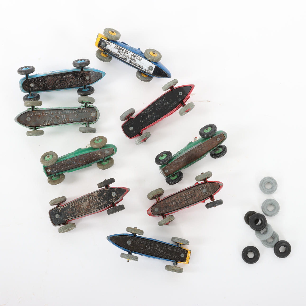 A set of 9 Dinky Toys England racing cars, 1950s. Toys - Toys