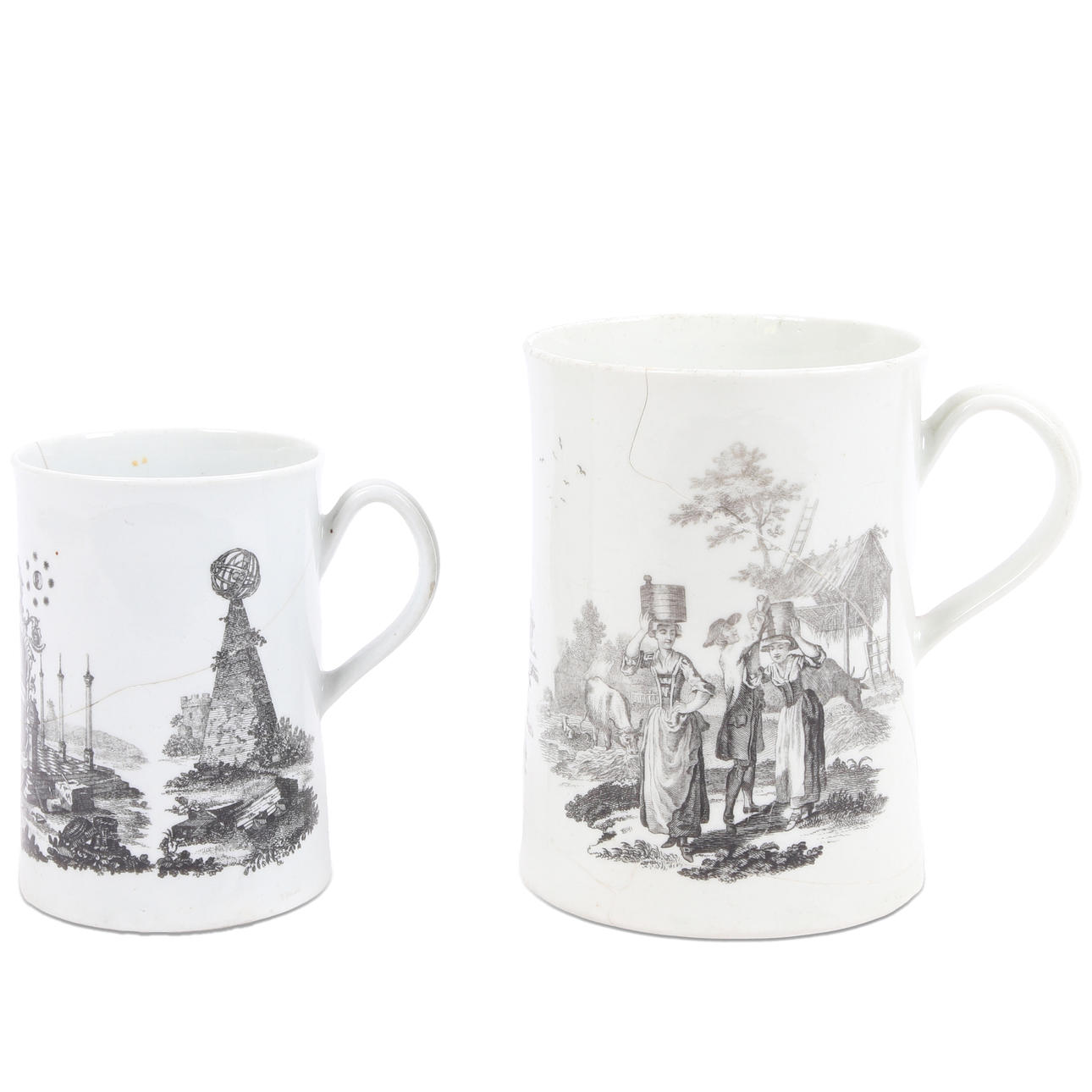 TWO 18TH CENTURY TRANSFER PRINTED TANKARDS.