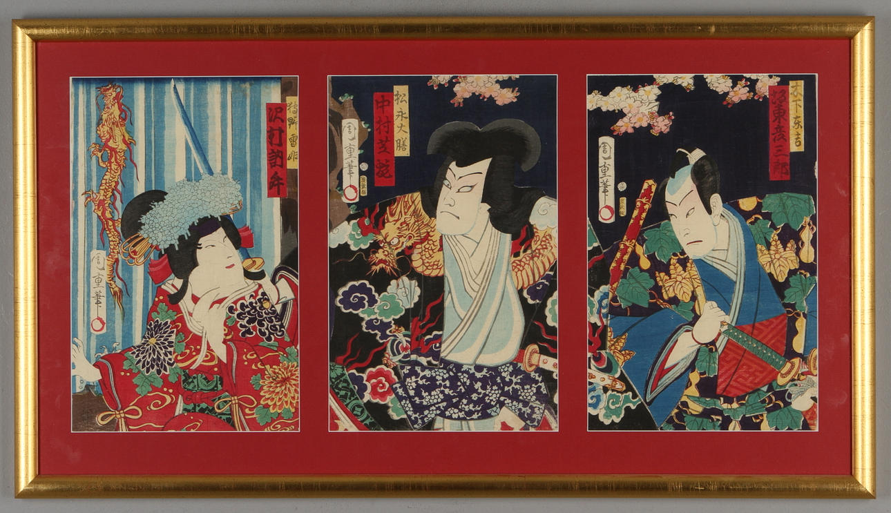 MORIKAWA CHIKASHIGE. Triptyk, träsnitt, Japan.