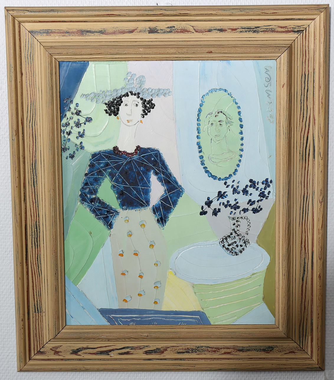 BJÖRN ERLING EVENSEN. Olja på pannå, Interiör med kvinna, signerad Evensen.