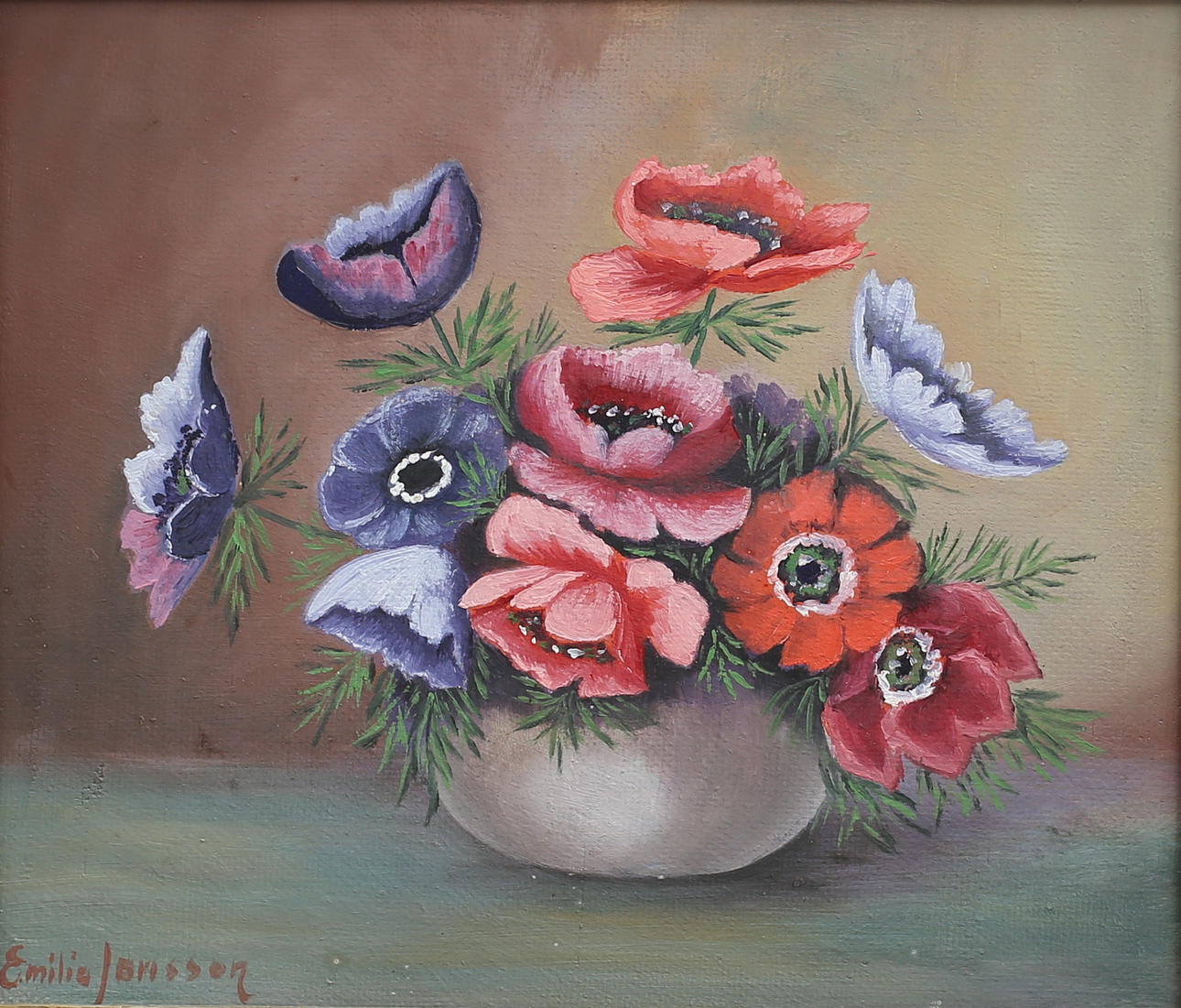 EMILIA JANSSON. Anemoner, olja på pannå, signerad.