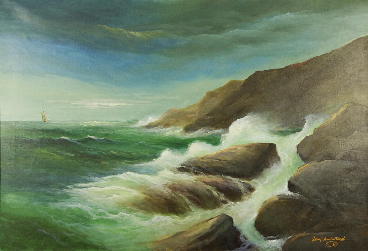 DAN LINDSTRAND. Kustparti med segelbåt, olja på duk, signerad.