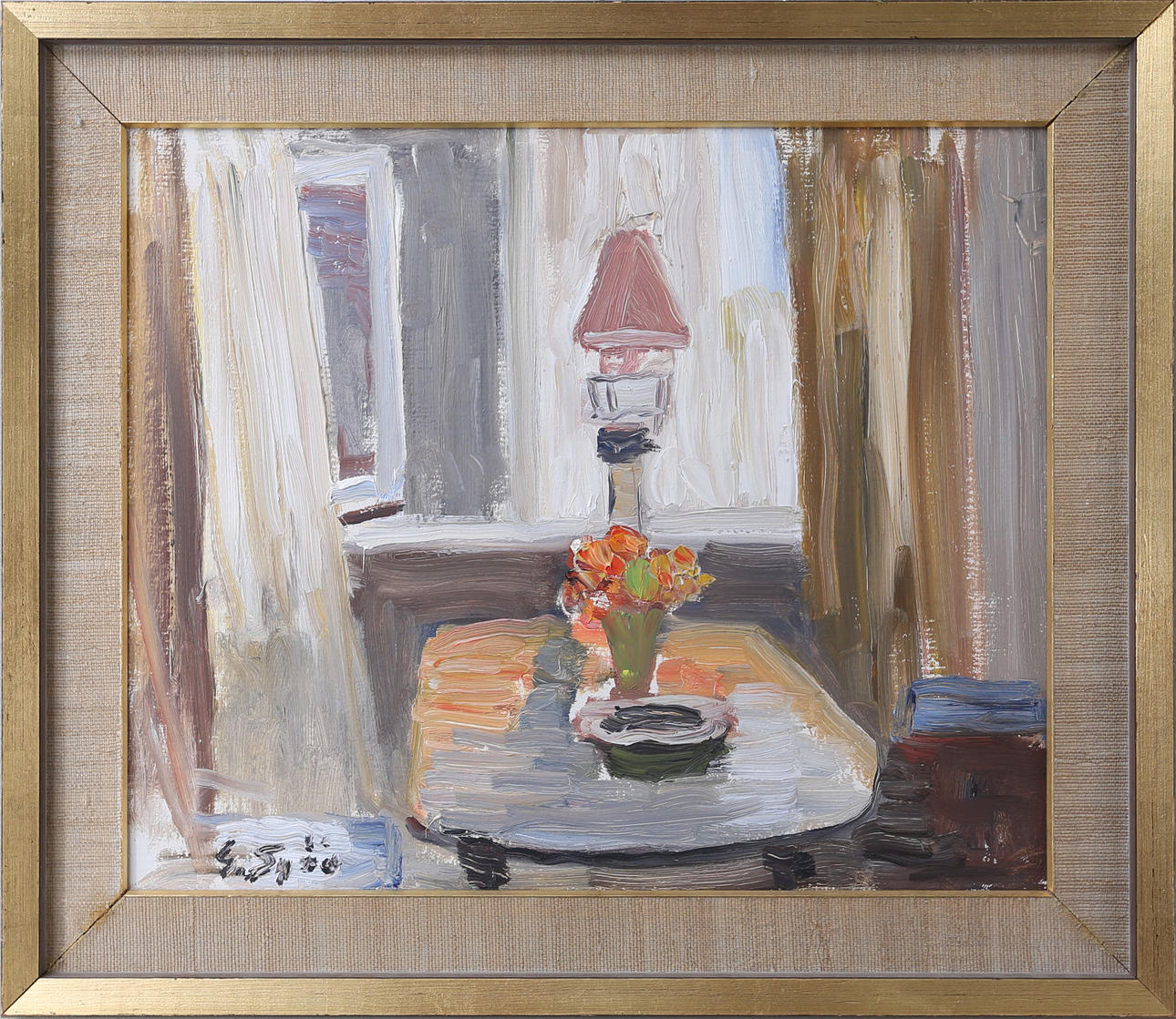 GUSTAV SJÖÖ. Interiörmotiv, olja på pannå, signerad.