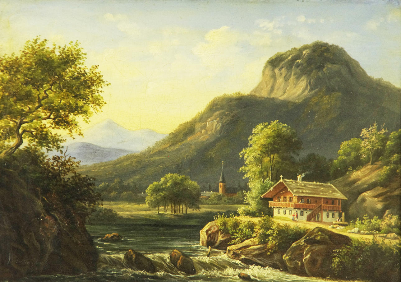 OIDENTIFIERAD KONSTNÄR. Bergslandskap med stuga, olja på duk, osignerad, 1800-tal.