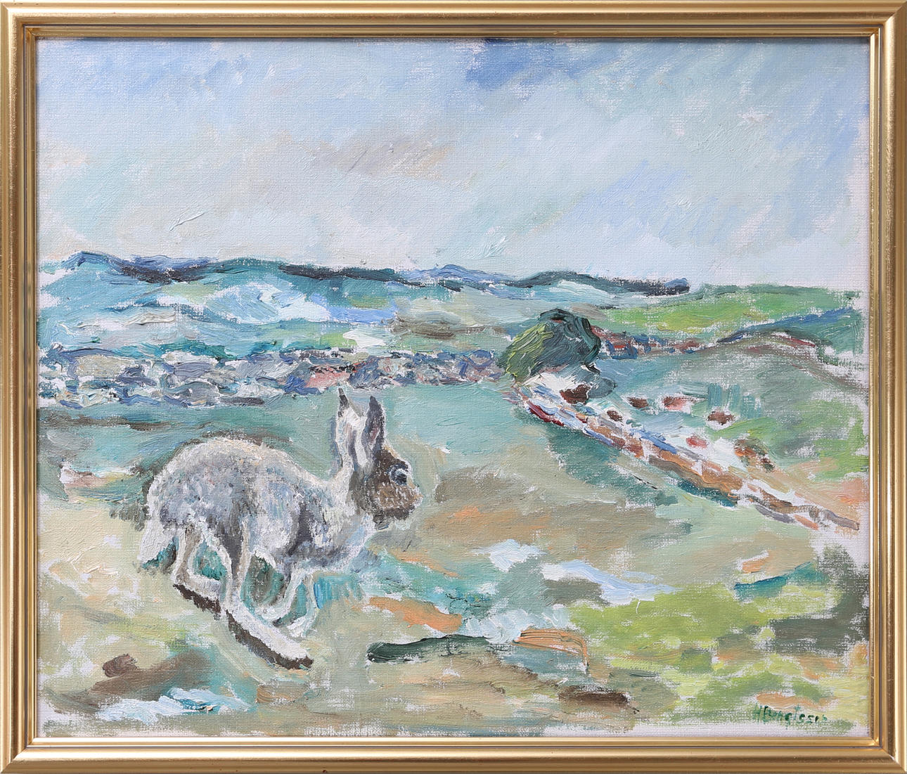 HILMER BENGTSSON. Haren på fältet, olja på duk, signerad.