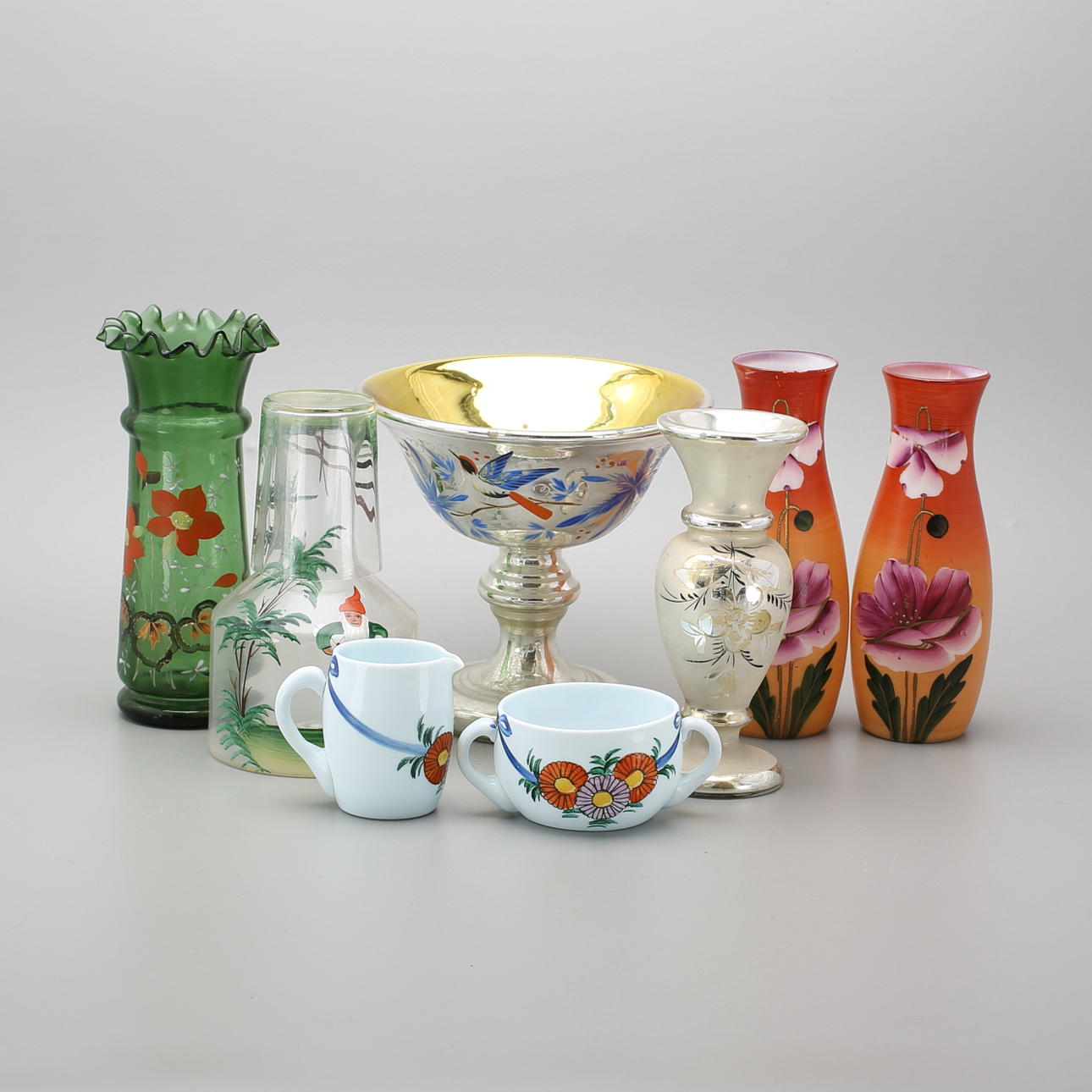 FATTIGMANSSILVER, 2 delar, samt GLASFÖREMÅL, 6 st..