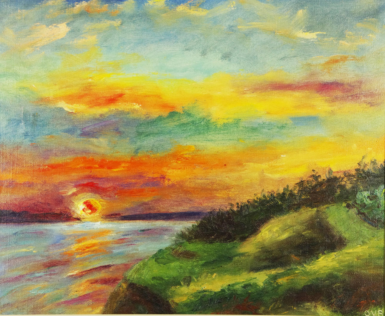 OIDENTIFIERAD KONSTNÄR. Solnedgång, olja på duk, monogramsignerad OVB.