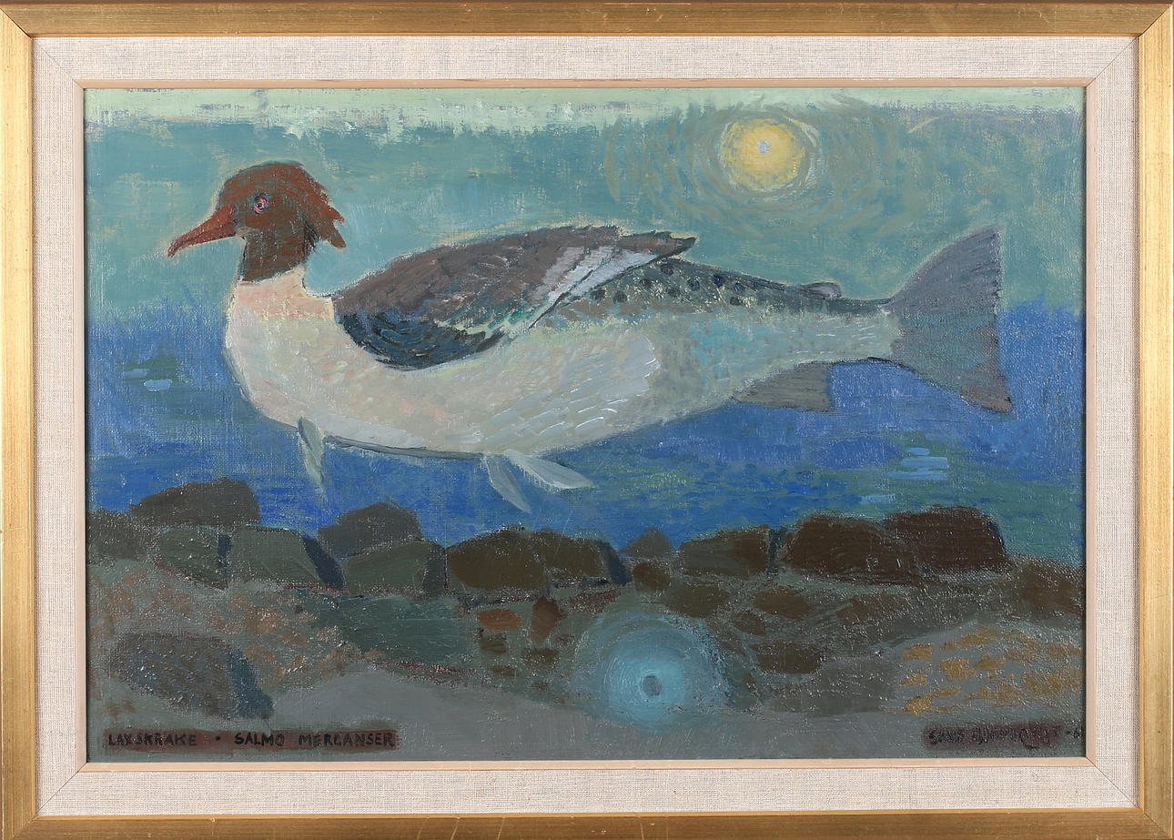 SUNE BLOMQVIST. "Laxskarke, Salmo Merganser", olja på duk, signerad och daterad -60.