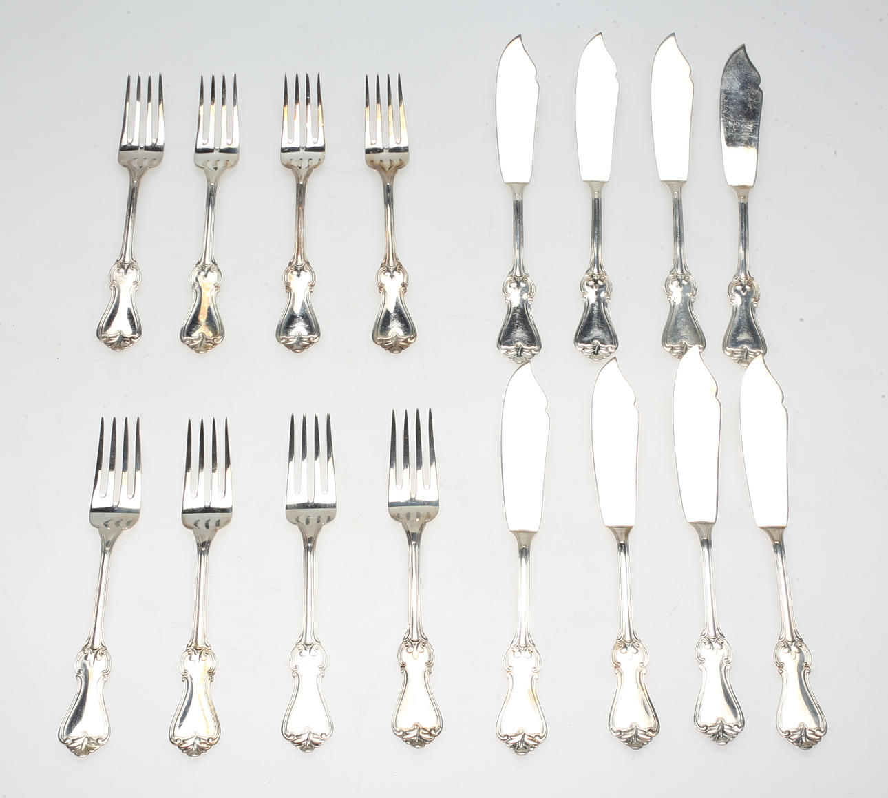 FISKBESTICK, 16 delar, "Olga", nysilver, GAB, 1900-talets mitt.