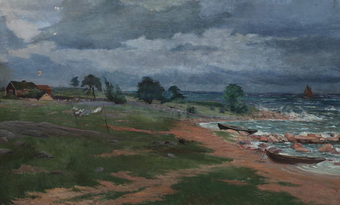 ALEXANDER LANGLET. Oil on canvas, coastal motif, large painting, signed, 1895.