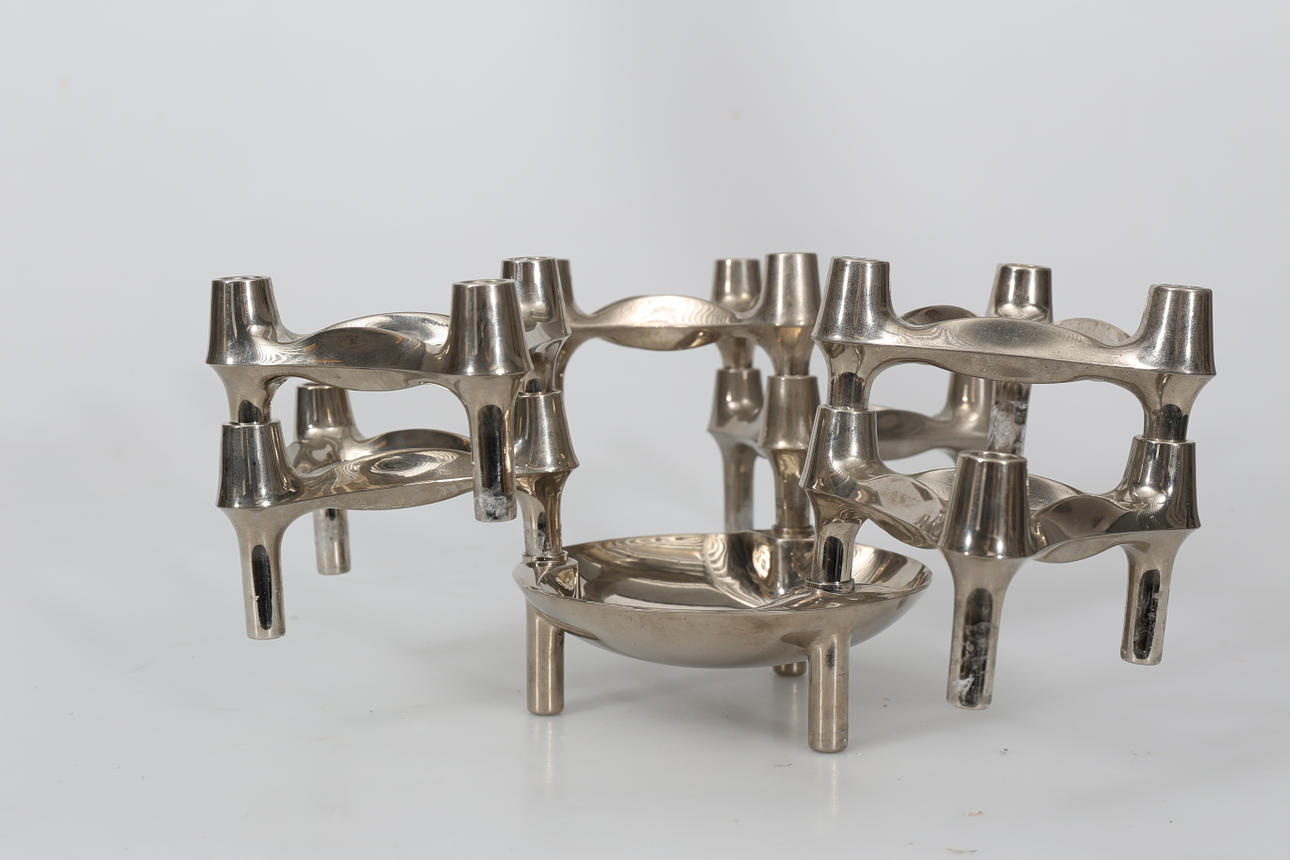 LJUSSTAKAR OCH SKÅL, förkromat stål, 6+1 delar, Ceasar Stoffi, Nagel, BMF, Tyskland, 1960-tal.